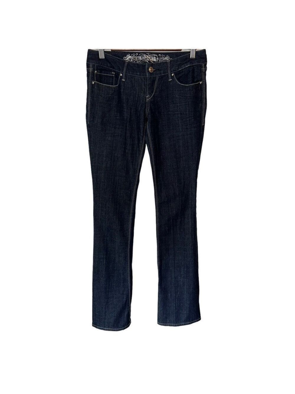 Express Women’s Dark Wash Zelda Barely Boot Cut Low Rise Slim Fit Size 2 Long